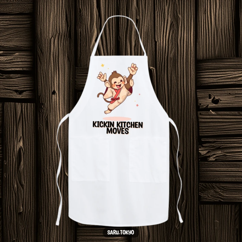 Funny apron showing a monkey in a festive kimono attempting a mighty high kick, ready for culinary action.