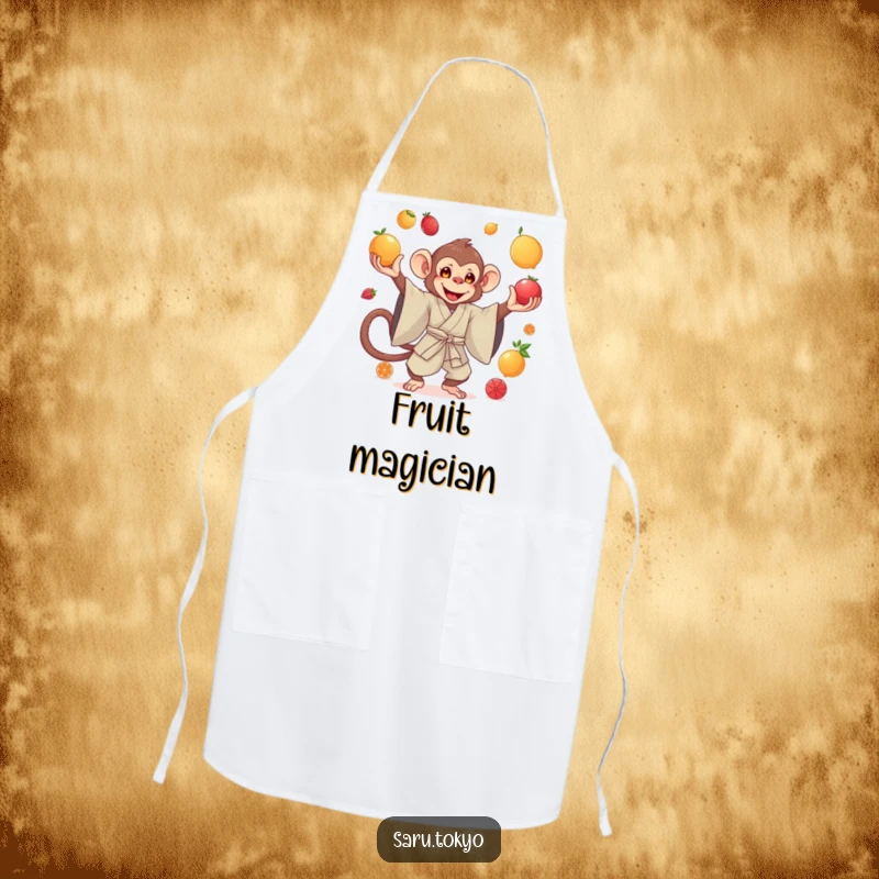 Funny apron showing a monkey in a silk kimono gracefully juggling bright fruits, making meal prep an art form.