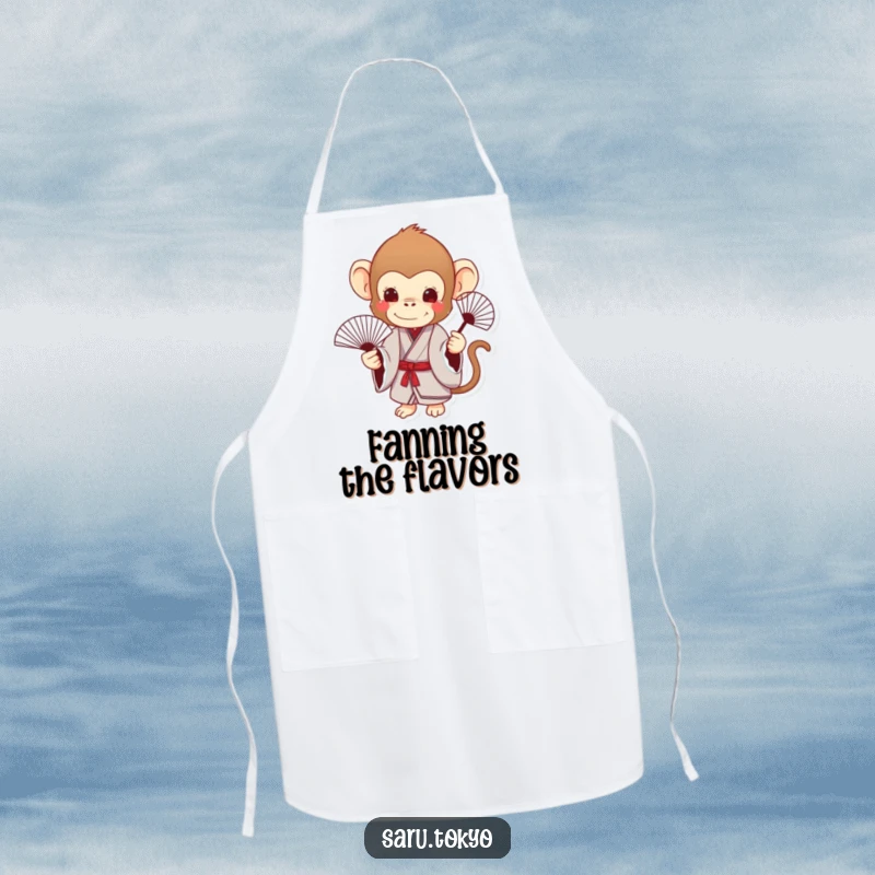 Funny Monkey Apron: A charming monkey in a kimono holds a delicate fan while cooking, adding elegance.