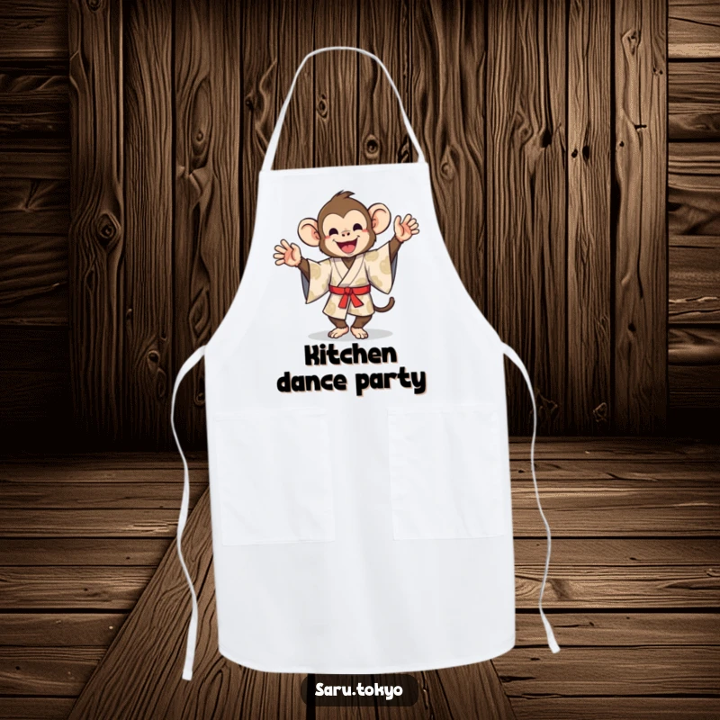 Funny apron showing a monkey in a patterned kimono performing a hilarious, energetic silly dance while cooking.