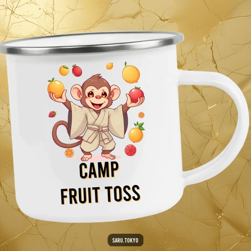 Funny camping mug of a monkey in a silk kimono gracefully juggling fruits, perfect for stylish outdoor enjoyment.