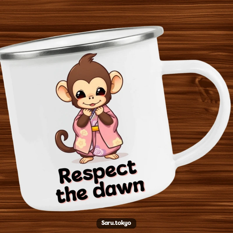 Funny Monkey Camping Mug: Cute monkey in a kimono bowing gracefully, perfect for enjoying drinks outdoors with humor.