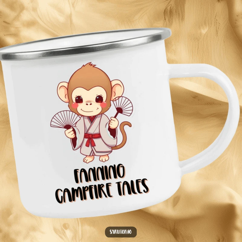Funny Monkey Camping Mug: Charming monkey in a kimono holds a delicate fan, perfect for stylish outdoor drinks.