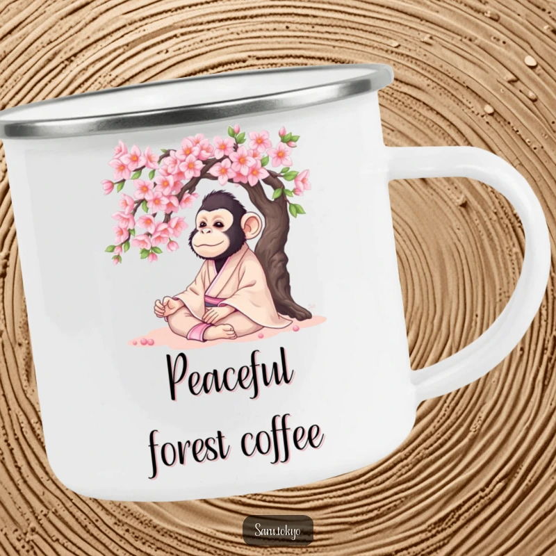 Funny Monkey Camping Mug: Serene monkey in a kimono meditating under a cherry tree, perfect for peaceful outdoor drinks.