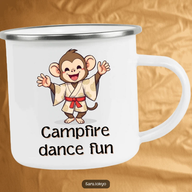 Funny camping mug of a monkey in a patterned kimono performing a silly dance, perfect for campfire entertainment.