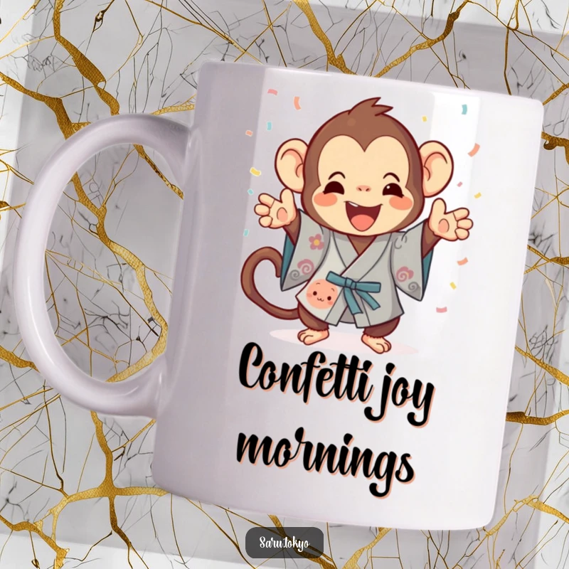 Funny Monkey Mug: A playful monkey in a festive kimono gleefully tosses confetti, adding a celebratory vibe.