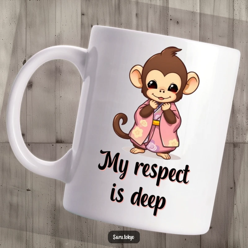 Funny Monkey Mug: Cute monkey in a vibrant kimono bowing gracefully, adding a touch of humor and elegance to your desk.
