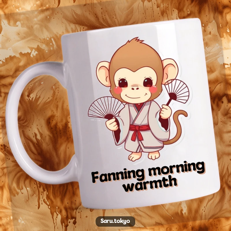Funny Monkey Mug: A charming monkey in a formal kimono elegantly holds a delicate fan, exuding grace.