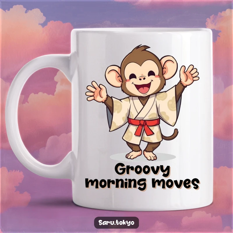 Funny mug showing a monkey in a patterned kimono performing a ridiculously silly and energetic dance with pure joy.