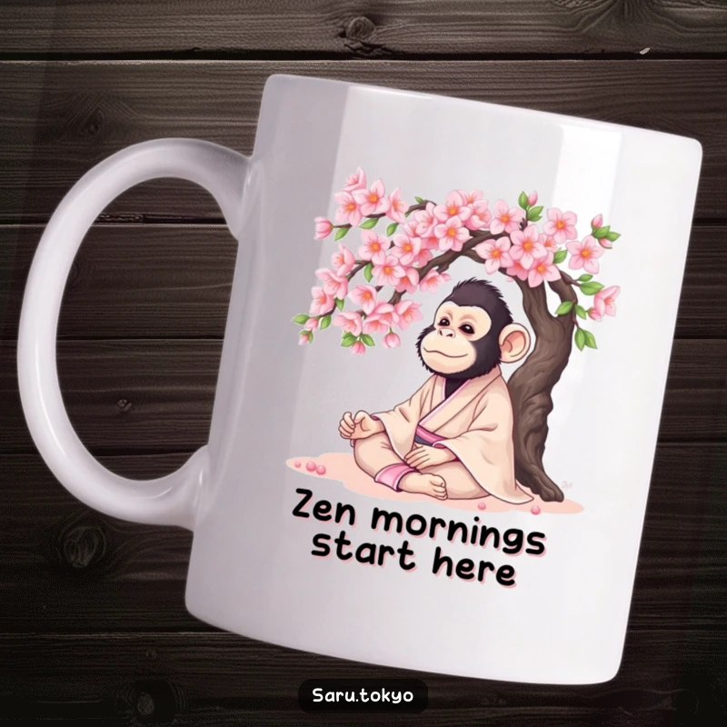 Funny Monkey Mug: Serene monkey in a silk kimono meditates peacefully under a blooming cherry tree.