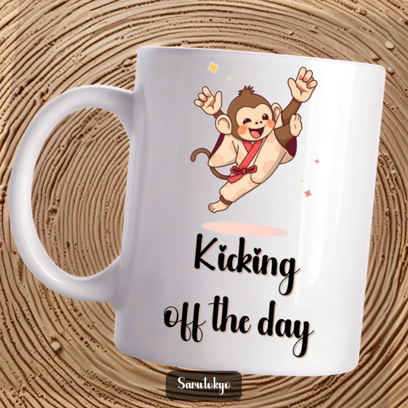 Funny mug showing a monkey in a festive kimono attempting a spectacular, yet comical, high kick with great effort.