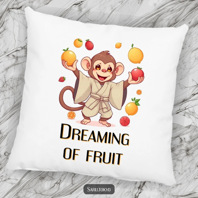 Funny pillow featuring a monkey in a silk kimono, expertly juggling colorful fruits with impressive, effortless grace.