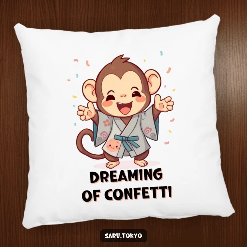 Funny Monkey Pillow: Playful monkey in a kimono gleefully tosses confetti, providing soft and festive comfort.