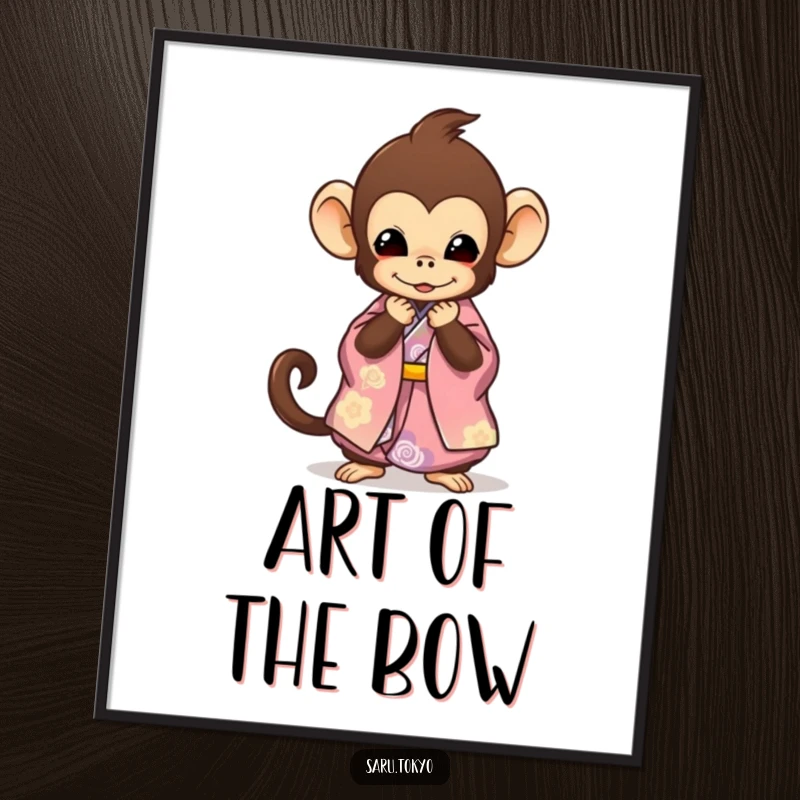 Funny Monkey Digital Art Print: Cute monkey in a vibrant kimono gracefully bowing, perfect for humorous home decor.