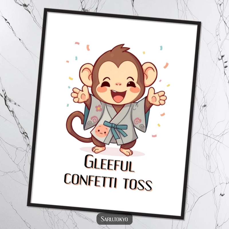 Funny Monkey Digital Art Print: Playful monkey in a kimono gleefully tosses confetti, perfect for festive decor.