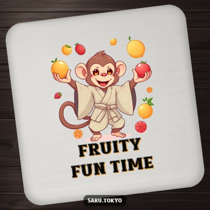 Funny drink coaster featuring a monkey in a silk kimono skillfully juggling bright fruits with impressive grace.