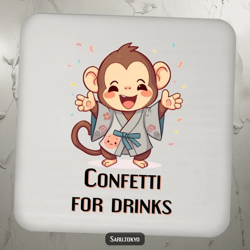 Funny Monkey Coaster: A playful monkey in a kimono gleefully tosses confetti, perfect for festive drinks.