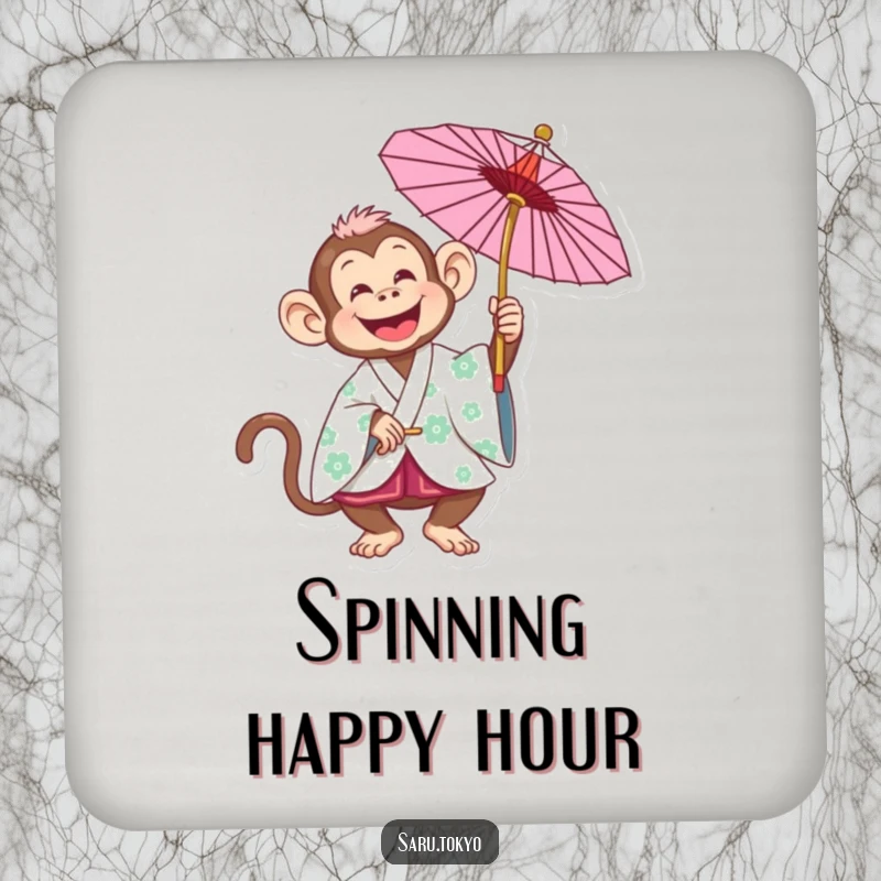Funny Monkey Coaster: A joyful monkey in a kimono playfully spinning a parasol, perfect for drinks.