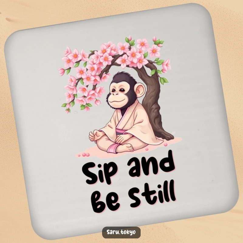 Funny Monkey Coaster: A serene monkey in a kimono meditating under a cherry tree, perfect for calm drinks.