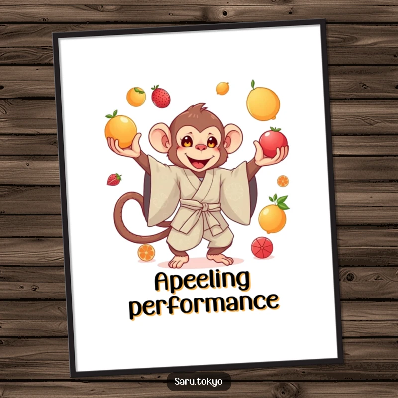 Funny poster showcasing a monkey in an exquisite silk kimono gracefully juggling a vibrant selection of fresh fruits.
