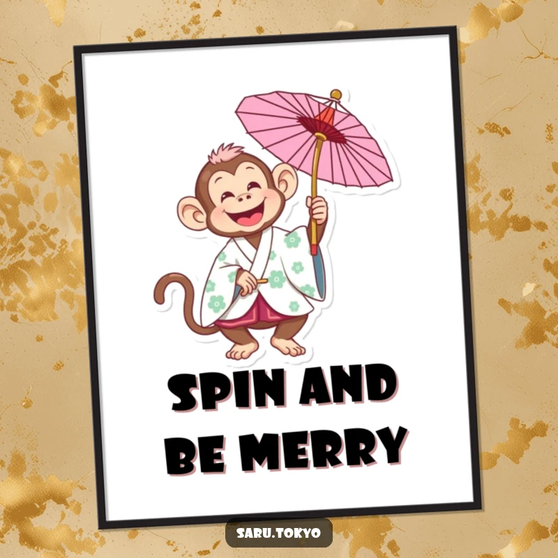 Funny Monkey Poster: Joyful monkey in a kimono gleefully spinning a parasol, adding vibrant humor to decor.