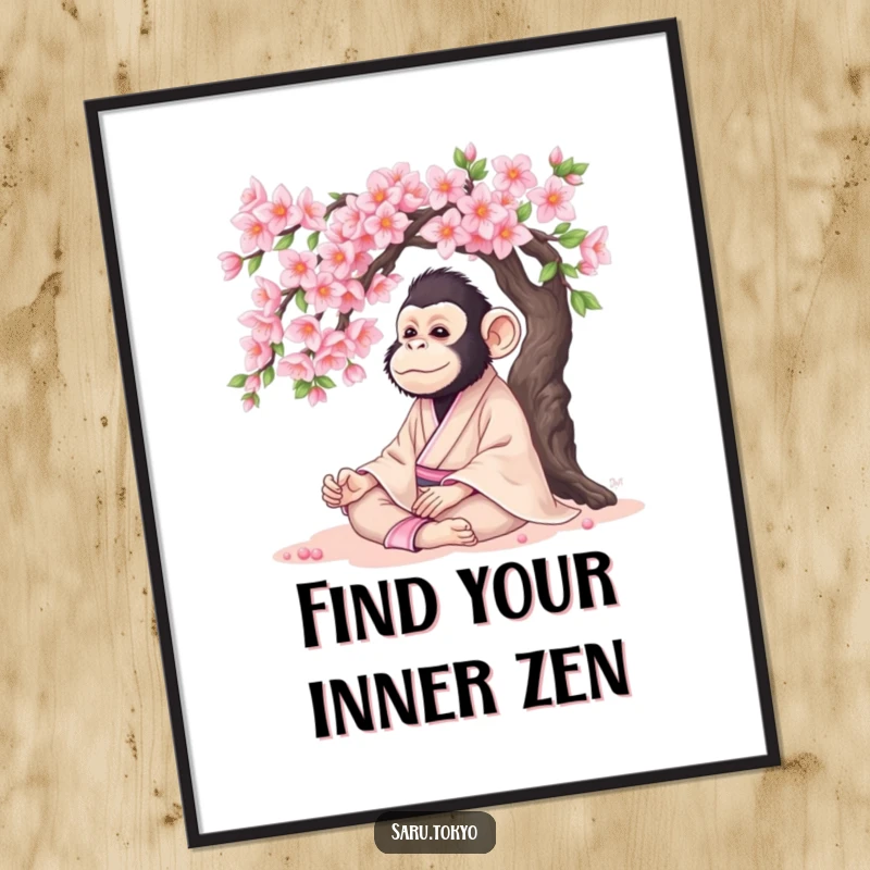 Funny Monkey Poster: Serene monkey in a silk kimono meditating peacefully under a blooming cherry tree, calming decor.