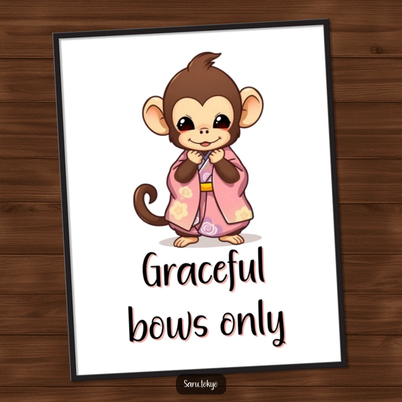 Funny Monkey Poster: Cute monkey elegantly dressed in a kimono performing a humorous and graceful bow, adding artful charm.