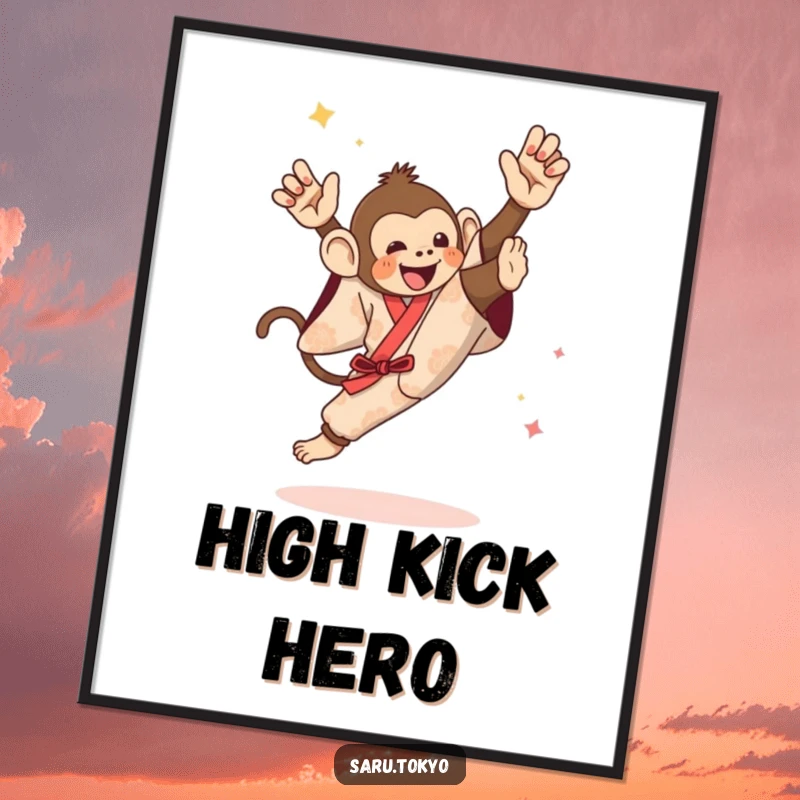 Funny poster depicting a monkey in a festive kimono bravely executing a spirited and impressive high kick.