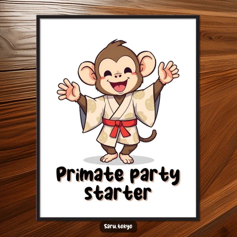 Funny poster depicting a monkey in a patterned kimono performing an exaggerated, hilarious silly dance with an upbeat vibe.
