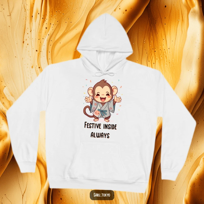 Funny Monkey Hoodie: Playful monkey in a festive kimono gleefully tossing confetti, embodying party cheer.