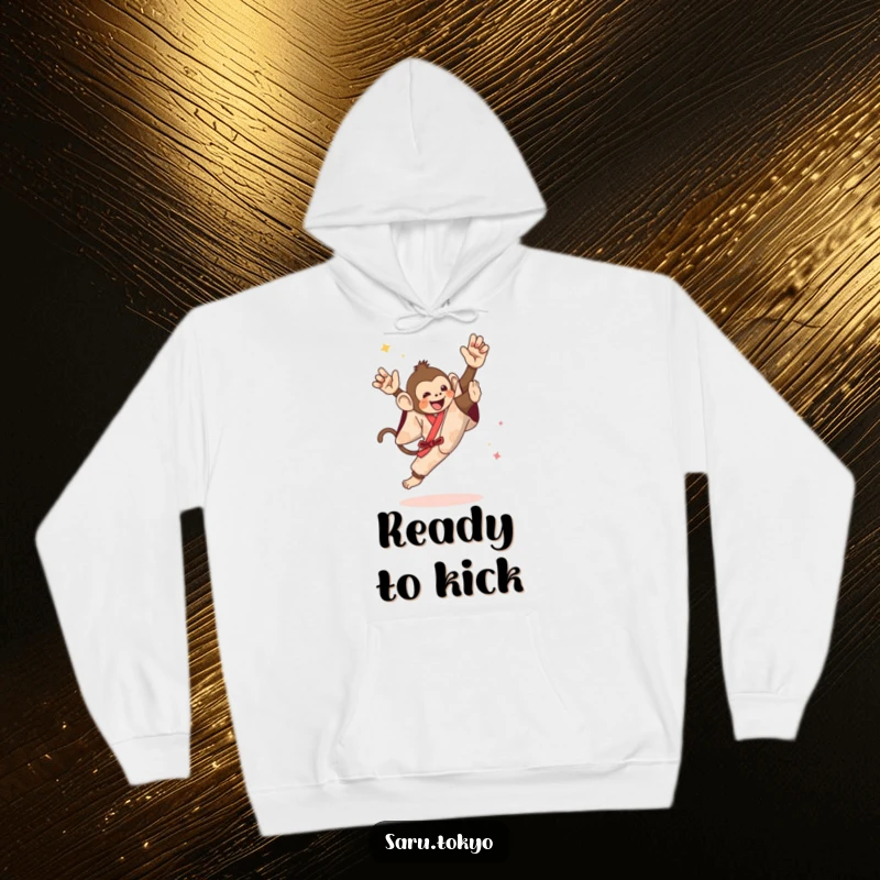 Funny hoodie with a monkey in a festive kimono bravely attempting a challenging and impressive high kick.