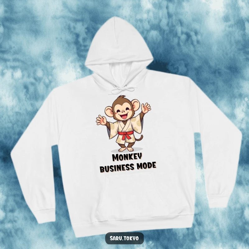Funny hoodie featuring a monkey in a patterned kimono doing a comical and unrestrained silly dance with infectious energy.