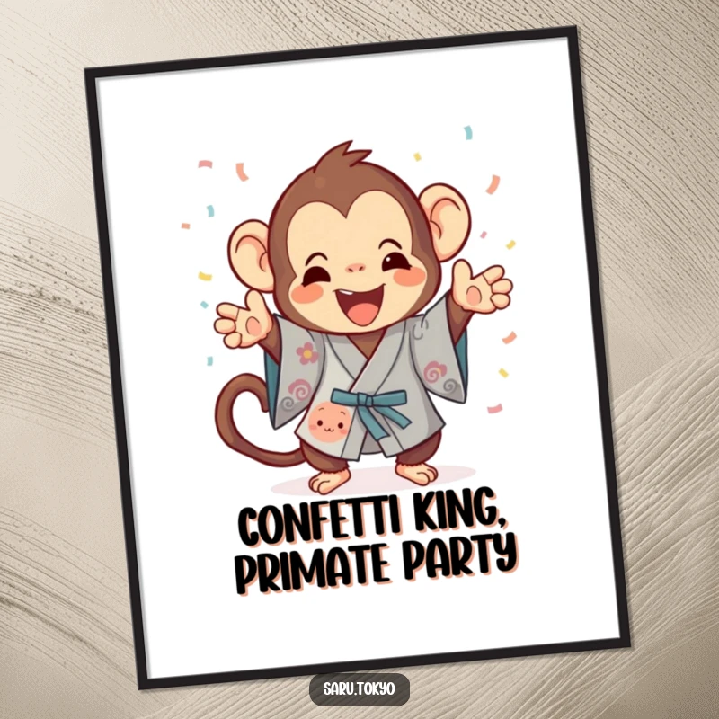 Funny Free Printable Wall Art showing a playful monkey in a festive kimono gleefully tossing confetti, bringing celebratory cheer to any room.