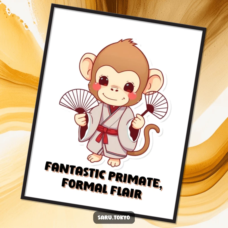 Funny Free Printable Wall Art featuring a charming monkey in a formal kimono gracefully holding a delicate fan, adding elegant humor to any space.