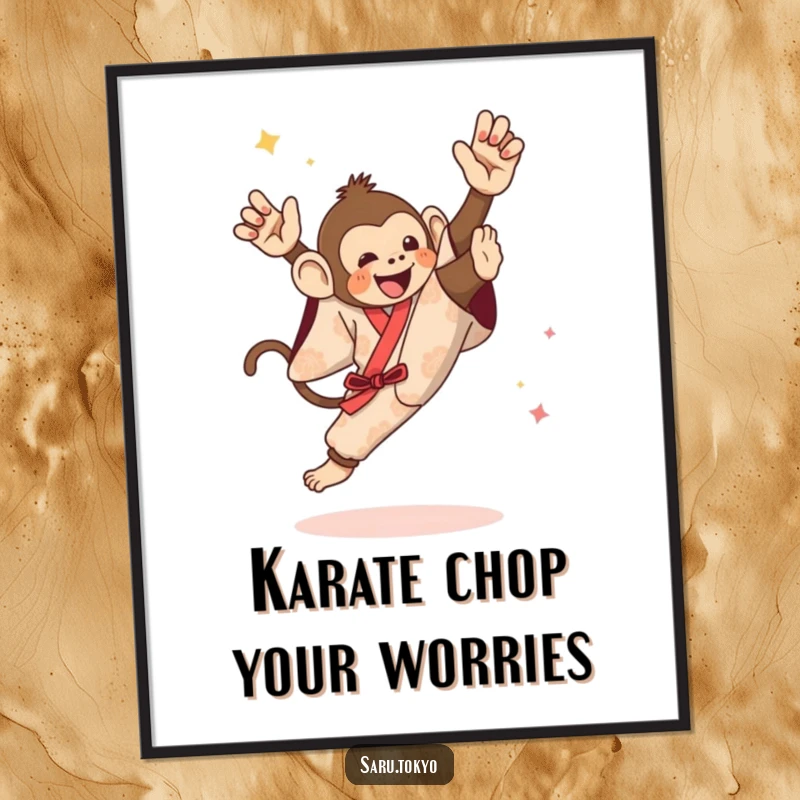 Funny Free Printable Wall Art: A monkey character in a festive kimono captured mid-air during an enthusiastic and funny high kick.