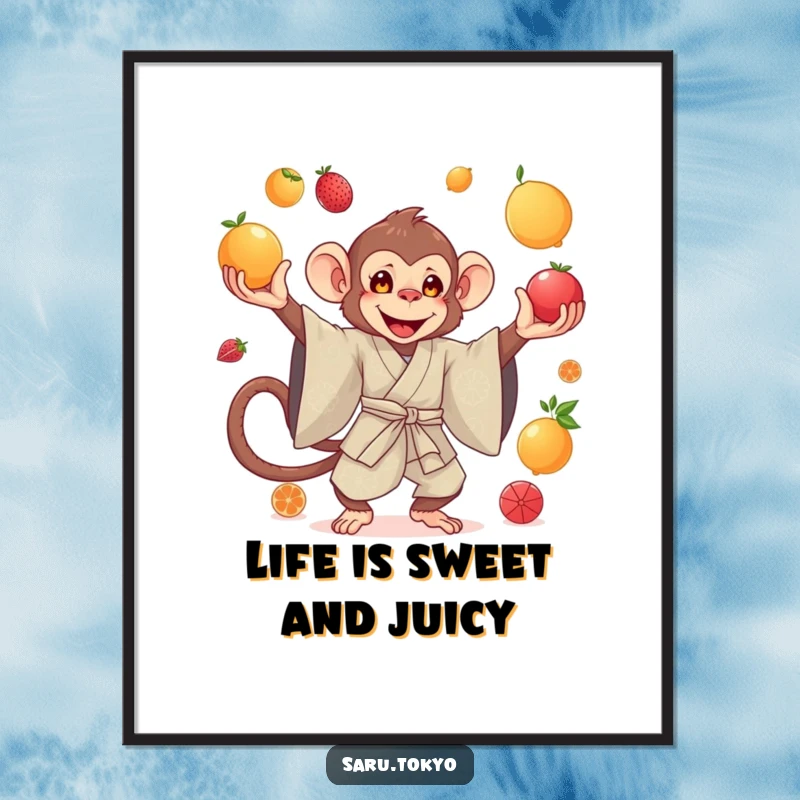 Funny Free Printable Wall Art: A monkey in a luxurious silk kimono gracefully juggling an assortment of vibrant fruits in mid-air.