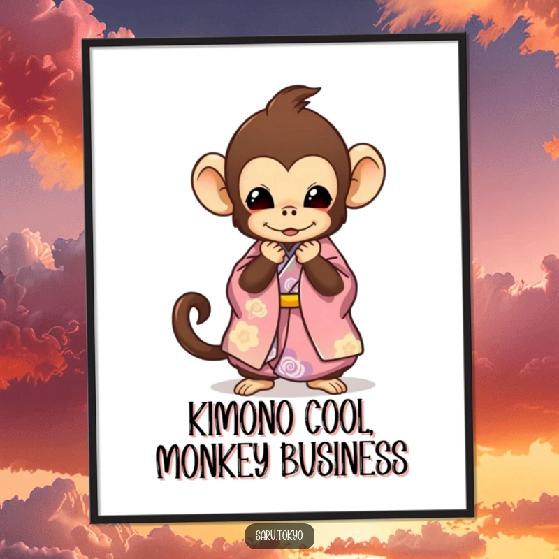 Funny Free Printable Wall Art depicting a cute monkey in a vibrant kimono gracefully bowing, adding a touch of humor to any room.
