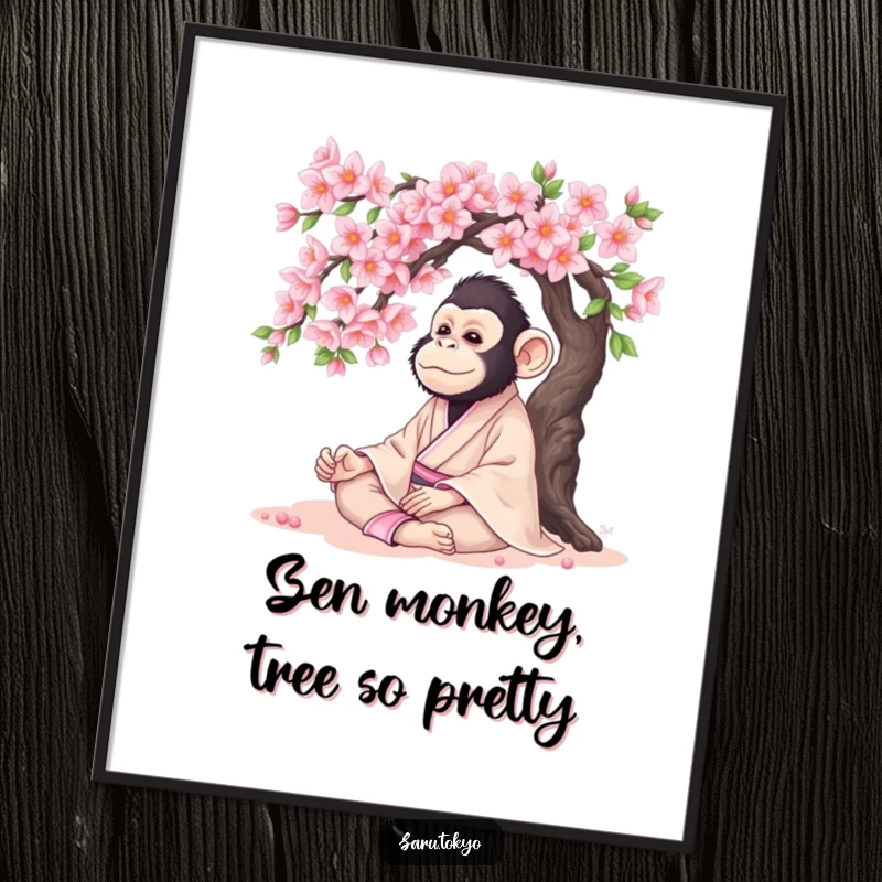 Funny Free Printable Wall Art depicting a serene monkey in a silk kimono meditating under a blooming cherry tree, adding peaceful humor to your walls.