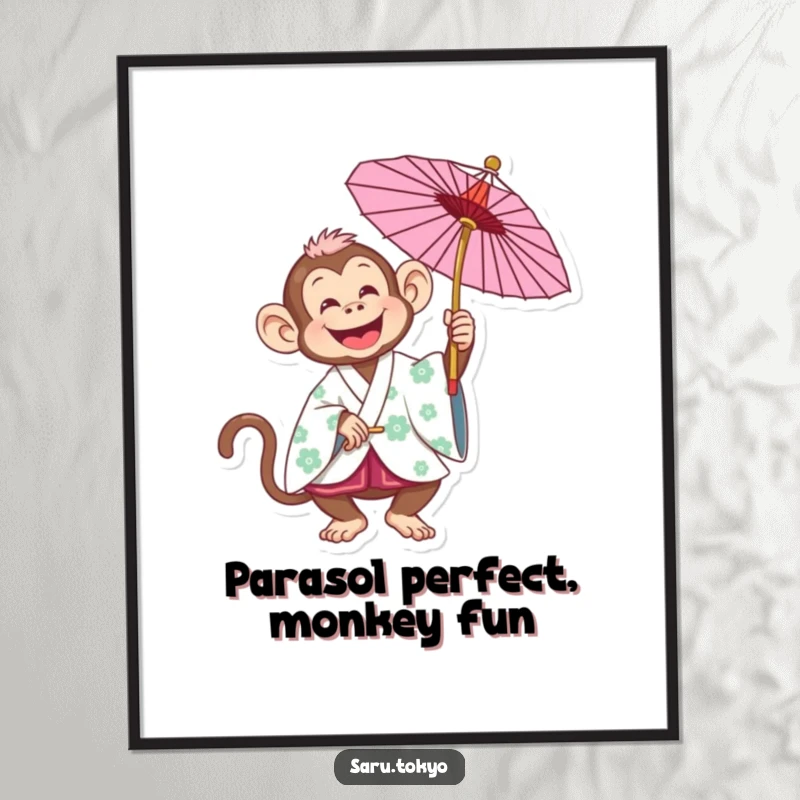 Funny Free Printable Wall Art depicting a joyful monkey in a traditional kimono spinning a parasol with energetic glee, adding fun to any room.