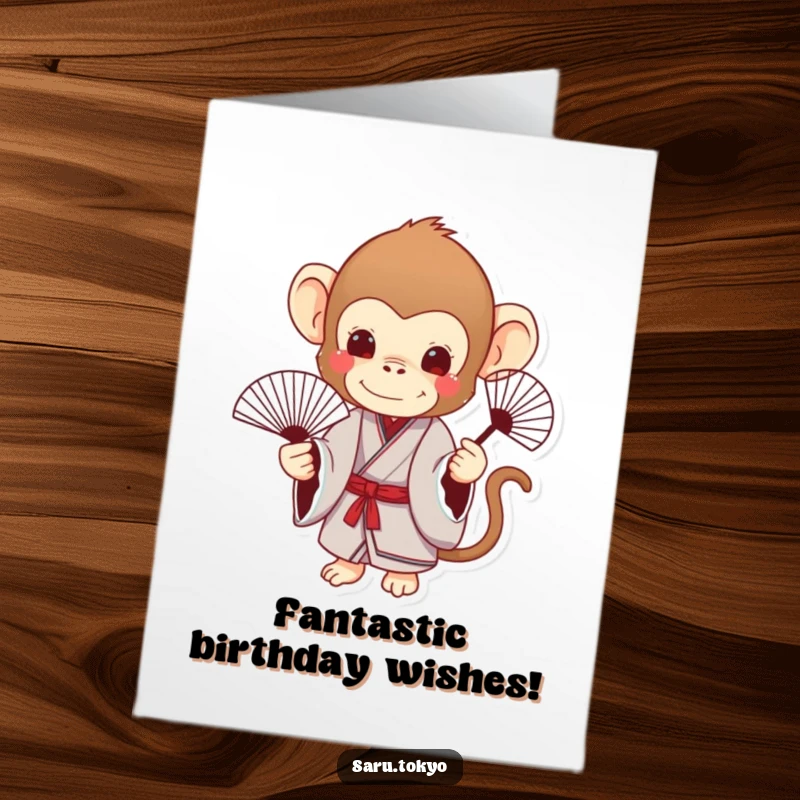 Funny Free Printable Birthday Card featuring a charming monkey in a formal kimono elegantly holding a delicate fan, wishing happy birthday.