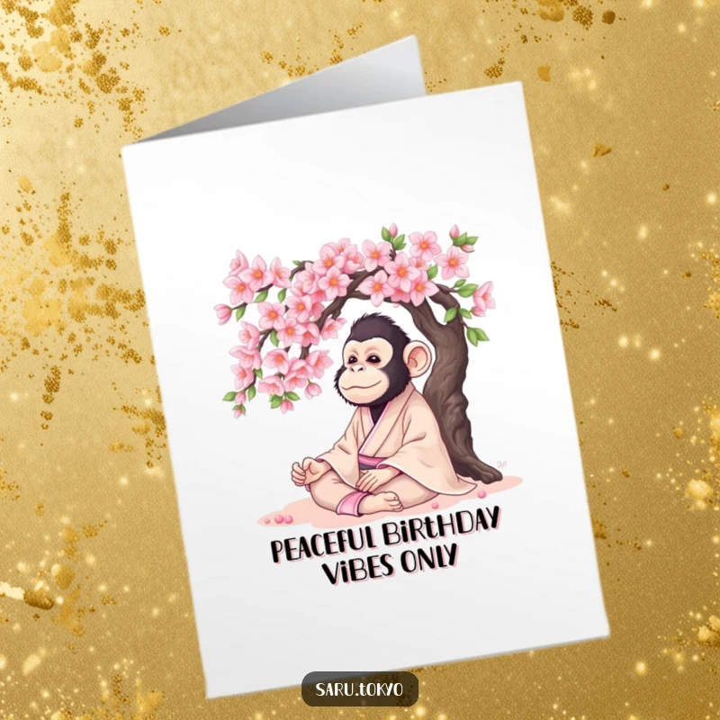 Funny Free Printable Birthday Card featuring a serene monkey in a silk kimono meditating peacefully under a blooming cherry tree, conveying calm wishes.