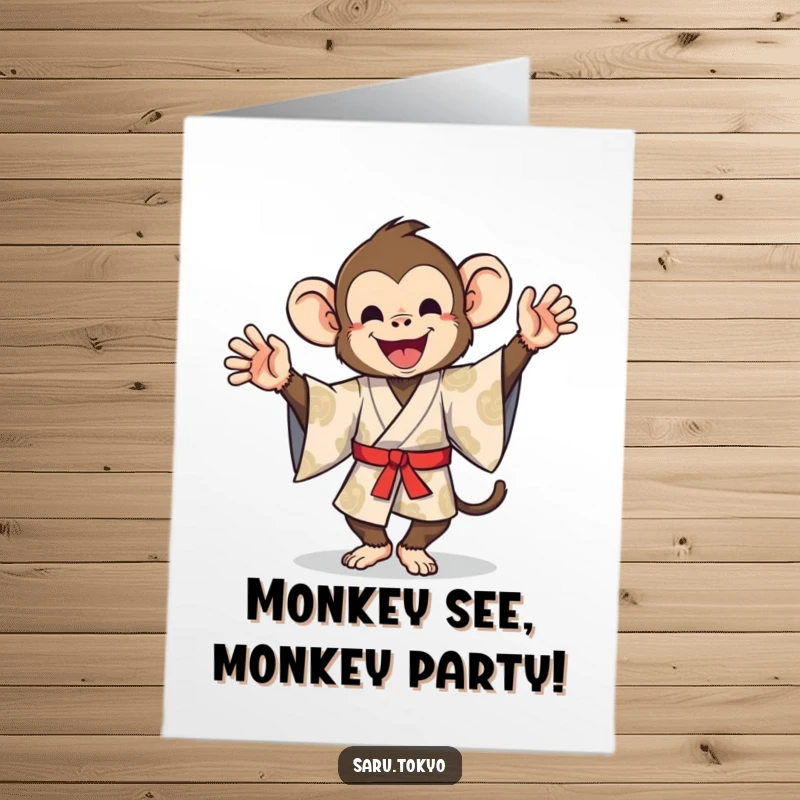 Funny Free Printable Birthday Card: Energetic monkey in a patterned kimono performing a hilariously silly dance with glee.