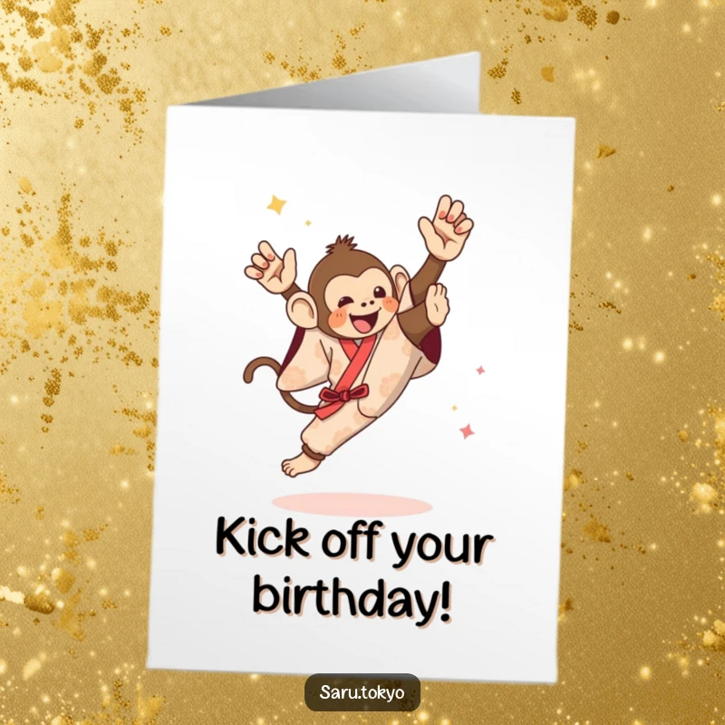 Funny Free Printable Birthday Card: Lively monkey in a festive kimono attempting a dramatic and humorous high kick.