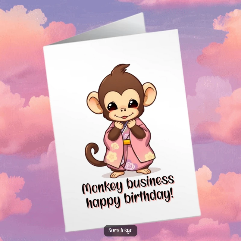 Funny Free Printable Birthday Card featuring a cute monkey in a vibrant kimono bowing gracefully, ready to deliver birthday wishes.