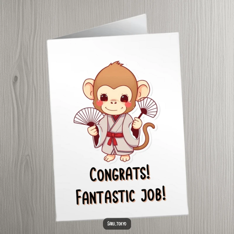 Funny Free Printable Congratulations Card showing a charming monkey in a formal kimono holding a delicate fan, conveying congratulations stylishly.