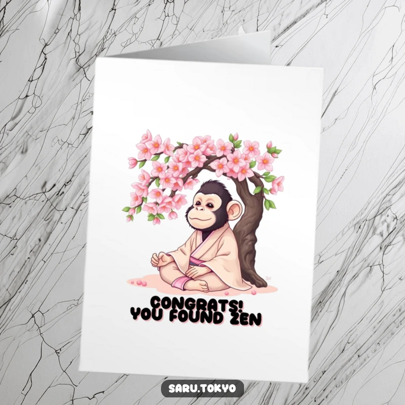 Funny Free Printable Congratulations Card showing a serene monkey in a silk kimono meditating under a cherry tree, offering peaceful congrats.