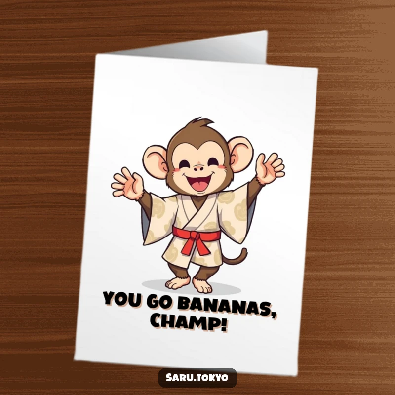 Funny Free Printable Congratulations Card: A monkey in a patterned kimono celebrating success with an outrageously silly dance.