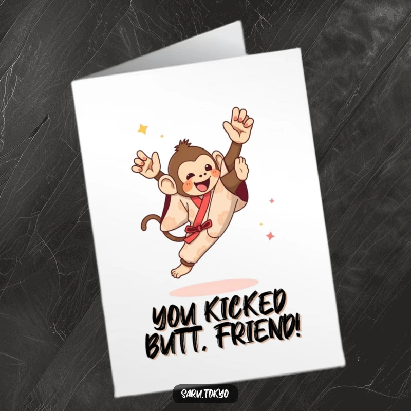 Funny Free Printable Congratulations Card: A monkey in a festive kimono executing a dynamic high kick to celebrate an achievement.