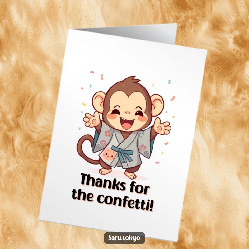 Funny Free Printable Thank You Card depicting a playful monkey in a festive kimono gleefully tossing confetti, sending thanks with a flourish.