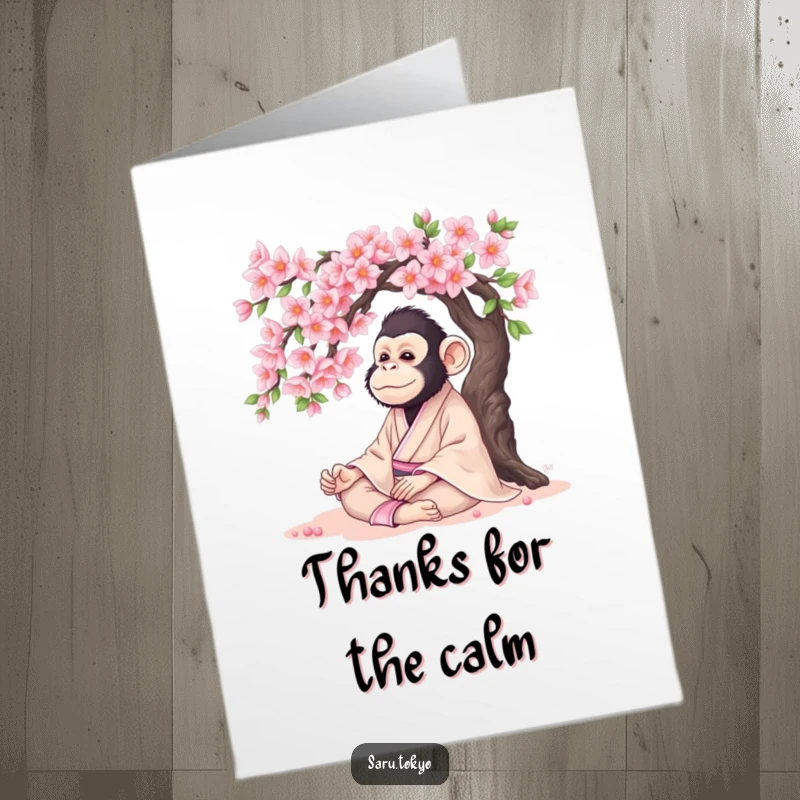 Funny Free Printable Thank You Card with a serene monkey in a silk kimono meditating, offering peaceful thanks under a cherry blossom tree.